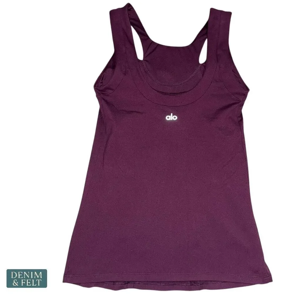 Alo Yoga Long Arch Tank Top Small Black Plum Purple Cutout Gym Activewear Lounge